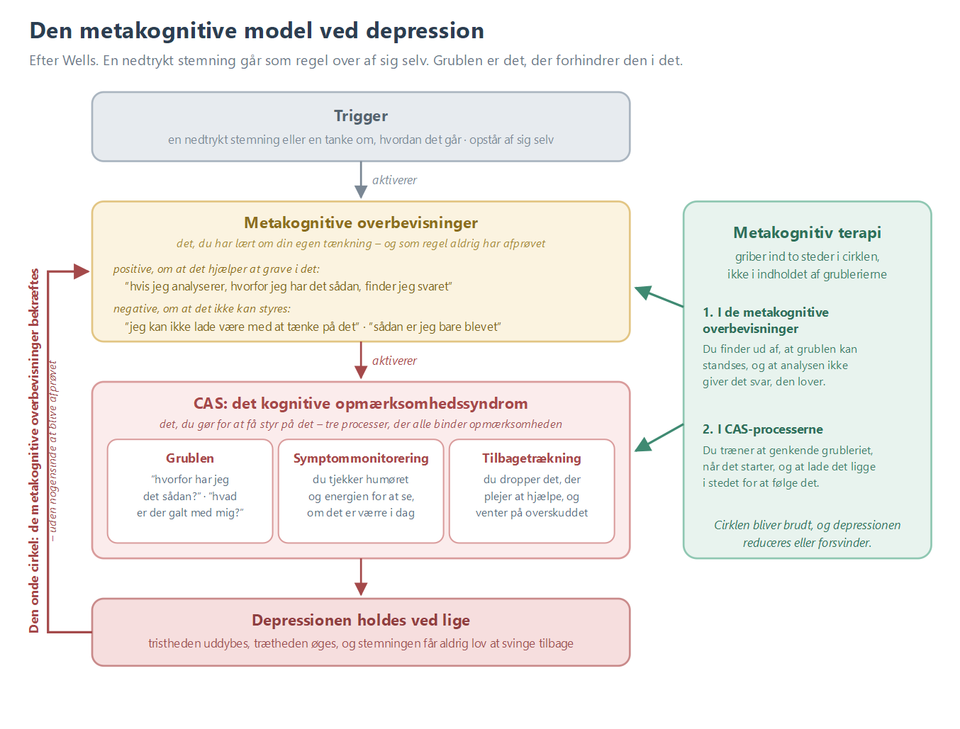 Den metakognitive model ved depression: triggeren aktiverer de metakognitive overbevisninger, som aktiverer CAS og holder depressionen ved lige